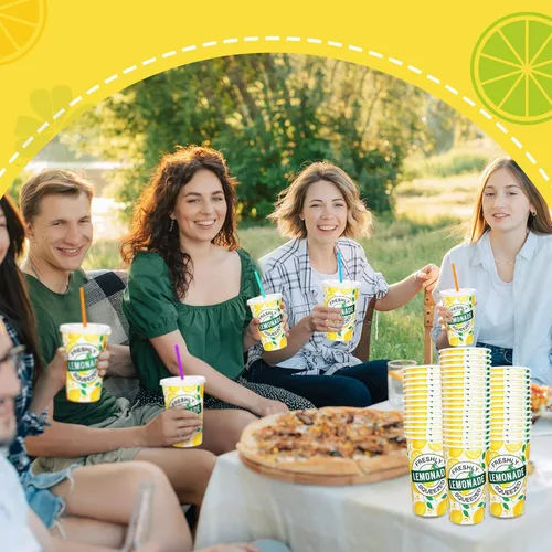 Miniatura 4 de Meanplan 300 piezas/100 juegos de vasos de limonada con tapas y pajitas, vasos desechables para fiestas, tazas de papel de limón, suministros