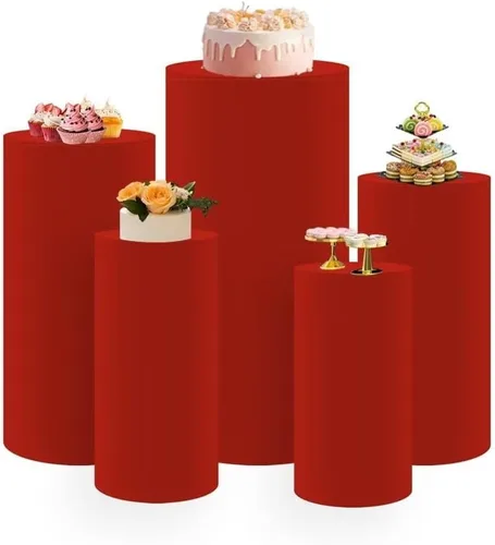Miniatura 3 de 5 cubiertas de pedestal de cilindro rojo para fiestas de cumpleaños, fundas de mesa de tela elástica para cubierta de zócalo