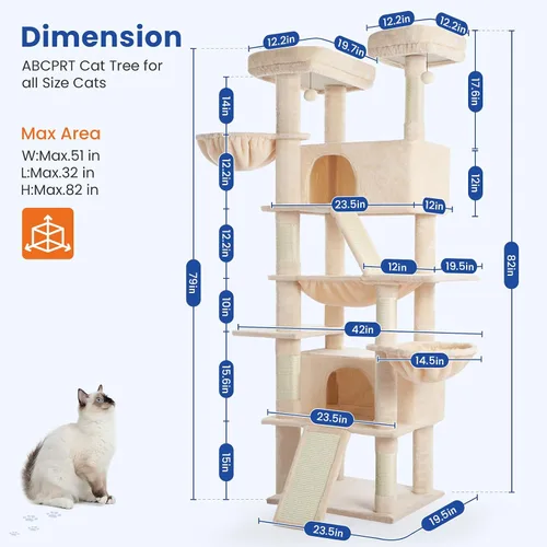 Miniatura 9 de ABCPET Cat Tree - Torre para gatos de varios niveles de 82 pulgadas para gatos de interior, árbol grande resistente para gatos con postes rascadores