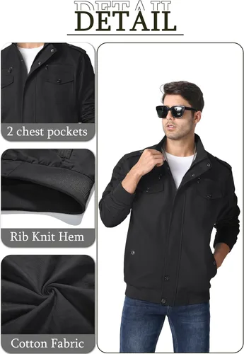 Miniatura 6 de MAGNIVIT Chaqueta cortavientos militar ligera para hombre con cuello parado, cierre frontal, 7 bolsillos - Algodón Negro