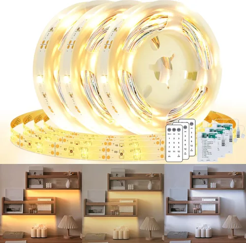 Miniatura 10 de Paquete de 3 Tiras de Luces LED de 6.6 Pies Alimentadas por Batería, Tira de Luz LED Blanca Cálida y Blanca Fría Alimentada por Batería, Luz