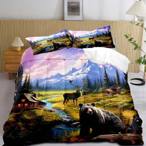 Miniatura 19 de LUVIVIHOME Juego de edredón de 3 piezas con diseño de osos negros y ciervos tamaño King, con estampado de alces, alces, patos Mallard, animales Oso