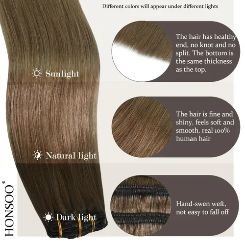Miniatura 4 de Honsoo Extensiones de cabello humano con pinzas, color castaño ceniza, extensiones de cabello humano real, 2.47 onzas, 7 unidades, 12 pulgadas
