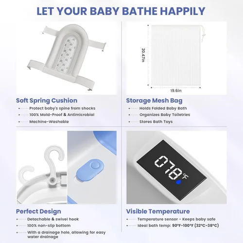 Miniatura 5 de Bañera plegable para bebés, bañeras para bebés recién nacidos con cojín suave y termómetro y bolsa de malla organizadora de juguetes, bañera