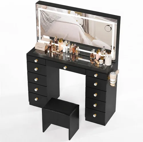 Miniatura 8 de Escritorio de tocador con 11 cajones con parte superior de cristal con silla, manijas de cristal con espejo y luces, tocador con toma de corriente
