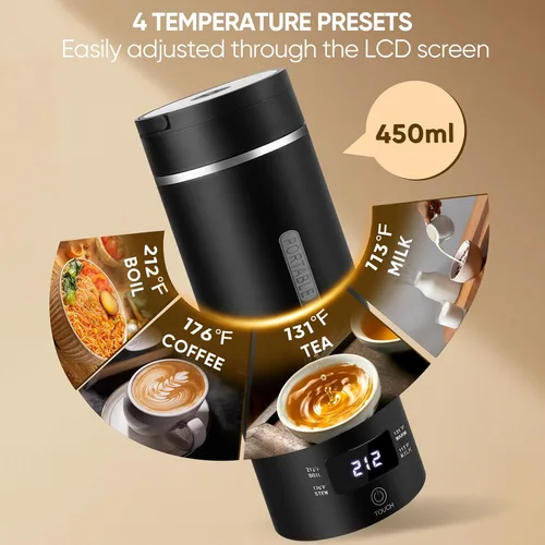 Miniatura 4 de Hervidor eléctrico portátil de viaje, calentador de café y té hervido con agua caliente, 15.2 fl oz, acero inoxidable 316, 4 preajustes de Negro