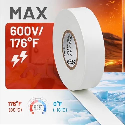 Miniatura 4 de RED WOLF Cinta Eléctrica Blanca 3/4 pulgadas x 66 pies Paquete de 3, Grado Industrial Listado UL/CSA 7 Mil de Grosor Retardante de Llama Alta