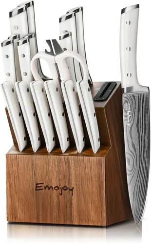 Juego de Cuchillos, Emojoy Juego de Cuchillos de Cocina de 18 Piezas con Bloque de Madera, Juego de Bloques de Cuchillos de Acero Inoxidable Alemán
