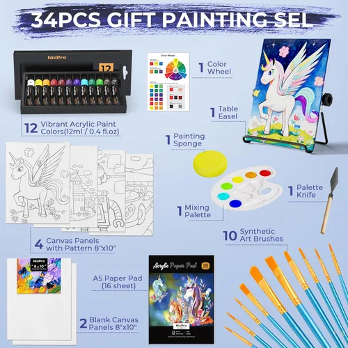 Miniatura 2 de Nicpro Juego de 34 piezas de pintura para niños con lienzo patrón, kit de suministros de pintura artística con 12 pinturas acrílicas, 10 pinceles, 6