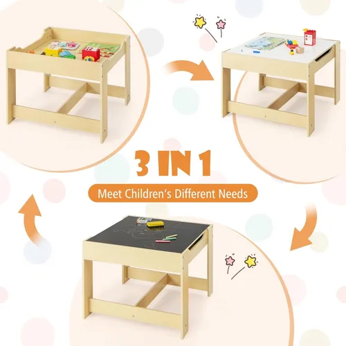 Miniatura 4 de HONEY JOY Mesa y sillas para niños, juego de actividades de madera 3 en 1 con almacenamiento, mesa desmontable, para arte, manualidades, dibujo