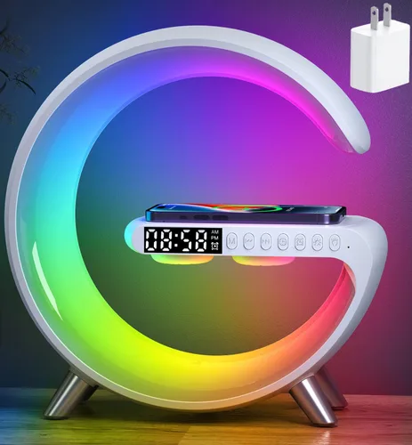 Miniatura 10 de Lámpara de mesa LED inteligente, cargador inalámbrico 4 en 1, luz nocturna, reloj despertador, altavoz Bluetooth con control de aplicación, lámpara
