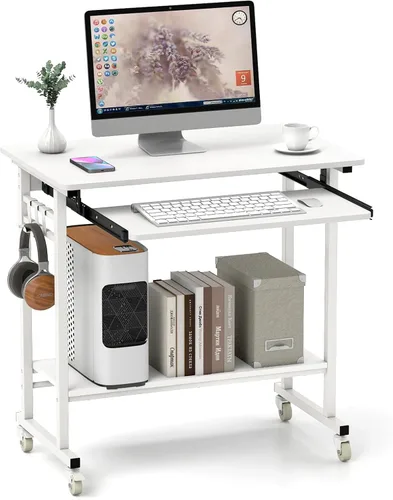 Miniatura 11 de Tangkula Carro de escritorio rodante para computadora con bandeja para teclado, escritorio portátil móvil para laptop con soporte para CPU y 3