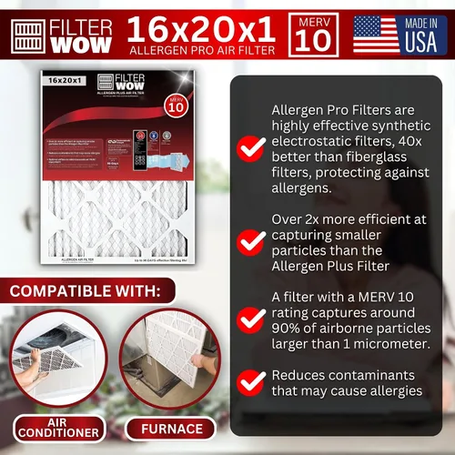 Miniatura 4 de FilterWow Filtro de aire Allergen Pro - Filtro electrostático plisado MERV 10 HVAC para horno (paquete de 2, 16 x 20 x 1)