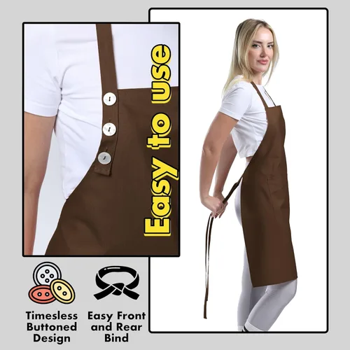 Miniatura 6 de TOSHE Delantal de cocina de algodón resistente a las gotas de agua con delantales ajustables para mujer con bolsillos, 12 opciones de color, Marrón