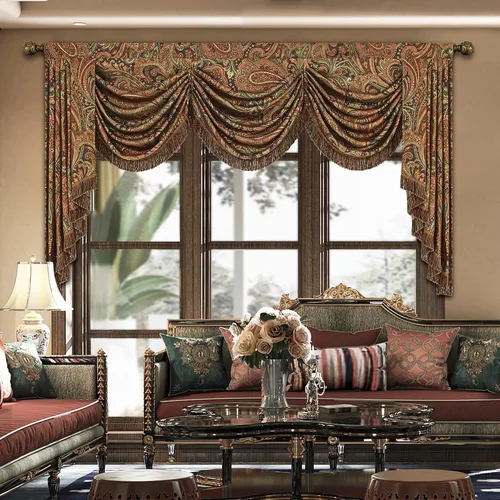 Miniatura 37 de Loom and Mill Cenefa de cascada de lujo de jacquard para sala de estar, elegantes cenefas de ventana con festones y cuentas damascadas, cortinas