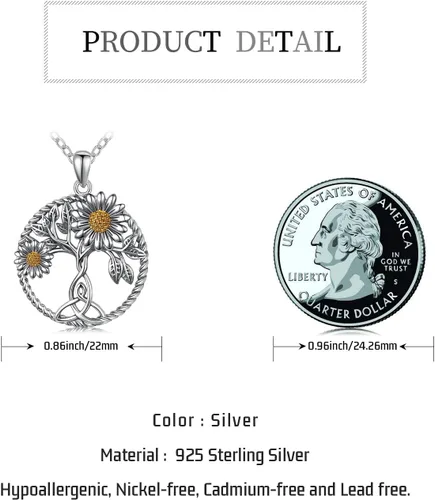 Miniatura 6 de CHENGHONG Collar de girasol de plata de ley 925, collar con colgante de árbol de la vida, margaritarosagirasol, joyería de girasol, regalos