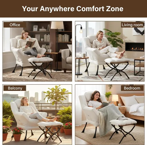 Miniatura 9 de Welnow Silla Lazy con otomana, moderna silla de lectura con reposabrazos y un bolsillo lateral, juego de sofá perezoso tapizado de ocio con Beige
