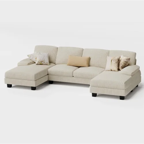 Miniatura 8 de Furmax - Sofás seccionales para sala de estar, sofá en forma de U con tela de lino, juego de sofá de 4 plazas con doble chaise para apartamento Beige