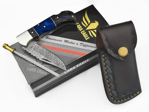Miniatura 6 de Cuchillo de bolsillo de damasco Lara Eagle para hombres - Cuchillo plegable de caza de 133 capas de acero sólido hecho a mano con afilador y funda