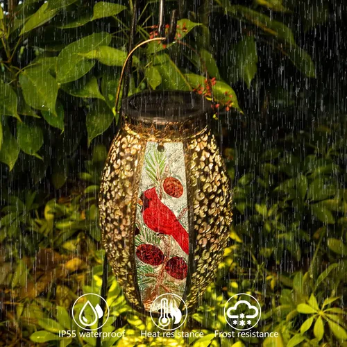 Miniatura 4 de Faroles solares colgantes para exteriores, luz LED cardenal de cristal, impermeable, hueca, decoración de metal, jardín, patio, regalos, mesa