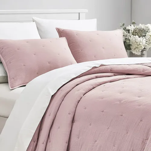 Miniatura 2 de BOURINA - Juego de colcha bordado de 3 piezas, microfibra prelavada, ultra suave, ligera, con bordado de estrellas, para cama full/queen, color rosa