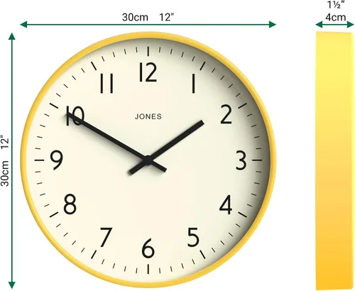 Miniatura 3 de JONES CLOCKS® Reloj de pared de estudio Estilo redondo moderno 12 pulgadas Amarillo Números fáciles de leer Diseño versátil para cocina