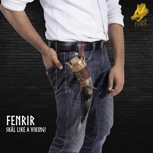 Miniatura 5 de FENRIR - Cuerno vikingo con soporte de 16 onzas, regalos para hombres, papá, esposo, taza de cuerno de buey natural con abridor de botellas Thor