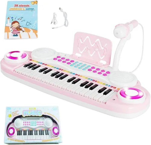 Miniatura 11 de Costzon Piano de teclado de juguete para niños de 37 teclas con patas desmontables, banco, partitura de música, luz flash, canciones MP3 integradas