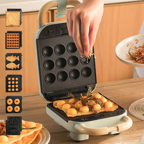 Máquina de gofres individual 6 en 1, plancha para hacer gofres para la familia, máquina de gofres de 650 W con platos de cocción antiadherentes Verde