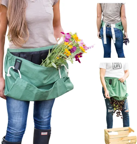 Miniatura 11 de Roo - Delantal de jardinería con bolsillos y cosecha, bolsa de recogida, ajustable, resistente al agua, lavable, lona de algodón