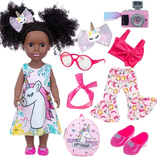 ZQDOLL Muñeca negra y muñeca negra de 14.5 pulgadas de silicona afroamericana con 2 juegos de ropa y equipo de viaje, cámara, mochila, lentes, etc.