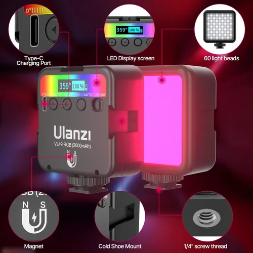 Miniatura 4 de VIJIM Ulanzi VL49 RGB - Luz de video con 3 zapata fría, mini cámara LED recargable de 360 grados a todo color, portátil, iluminación de fotografía