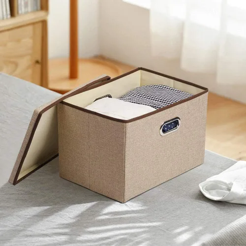 Miniatura 6 de UUJOLY Contenedores de almacenamiento grandes de tela de lino, canastas plegables de tela de lino, caja de almacenamiento con tapa y asas
