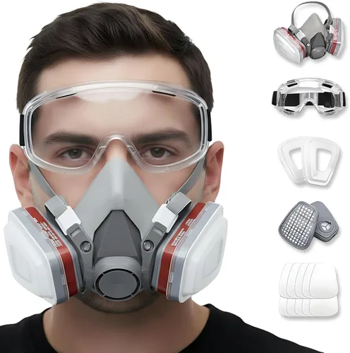 Máscara respiradora para pintura en aerosol, carpintería, soldadura, polvo y seguridad general con gafas transparentes, 10 filtros de repuesto,