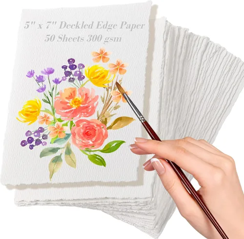 50 hojas de papel de acuarela de borde deckled de 10.58 oz/m², papel de acuarela hecho a mano de 5 x 7 pulgadas, papel de algodón rugoso /