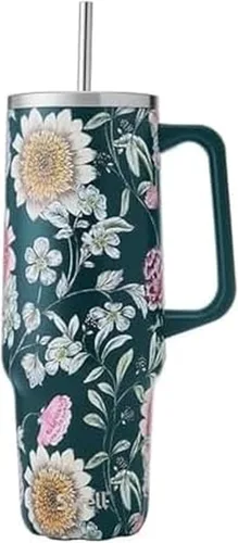 Miniatura 17 de S'well Vaso de acero inoxidable reciclado XL con popote y asa, 40 onzas, azurita, contenedor aislado al vacío de triple capa mantiene las bebidas