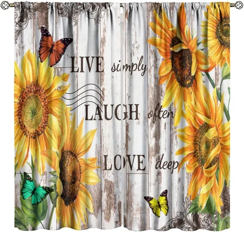 Miniatura 28 de Sunflower Curtains for Living Room Bedroom, Spring Nature Blue Sky and Butterfly Window Drapes, Rustic Wooden Fence Floral Botanical Decor, 2 Panels