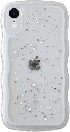 Miniatura 69 de Qokey Funda para iPhone 12 Pro Max de 6.7 pulgadas, diseño de onda rizada, borde transparente, brillante con purpurina, estrella brillante, bonita