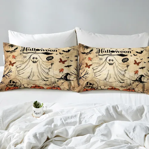 Miniatura 7 de Lindo juego de funda de edredón de fantasma, tamaño individual para niños y niñas, juego de ropa de cama de calabaza y calavera de azúcar, funda