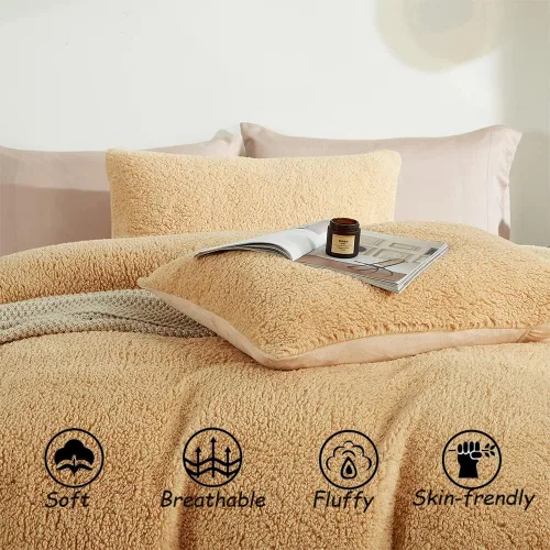 Miniatura 6 de Juego de funda de edredón de forro polar Sherpa de 5 piezas de lujo de doble cara, juego de fundas de edredón de felpa súper suave, reversible, Camel