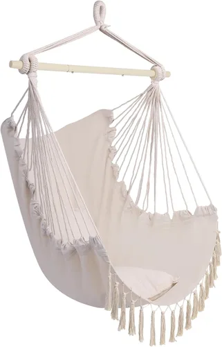 Miniatura 2 de Silla colgante hamaca – Asiento columpio de cuerda de algodón – máximo 250 libras – 2 cojines incluidos – para interior y exterior, dormitorio, Beige