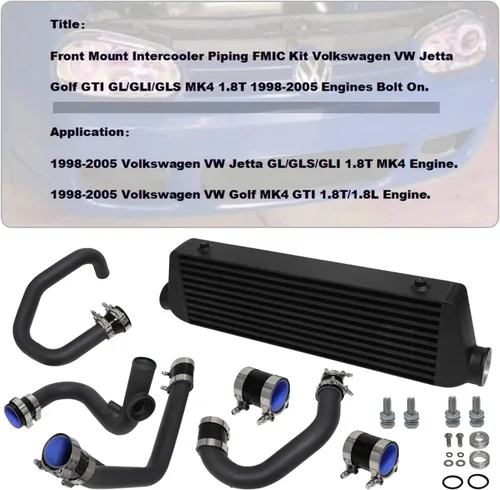 Miniatura 3 de Kit de intercooler de montaje delantero para motores VW Jetta Golf GTI GL/GLI/GLS MK4 1.8T 1.8L 98-05 Motores FMIC Bolt (plisado negro-negro)