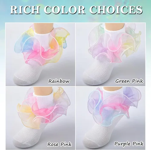 Miniatura 5 de 4 pares de calcetines de arco iris con volantes grandes para niñas de 1 a 10 años