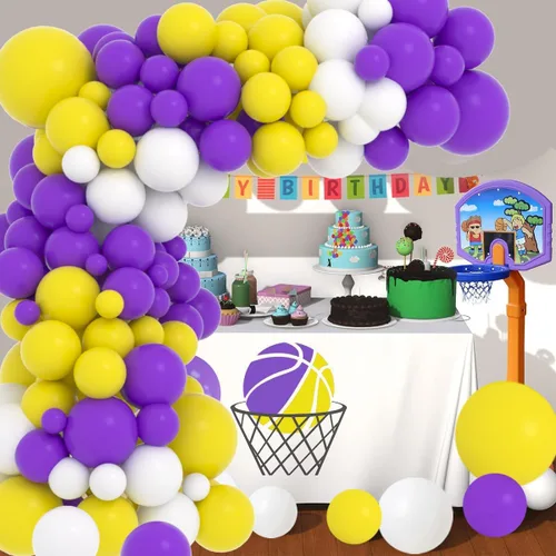 Miniatura 3 de Kit de arco de guirnalda de globos morados y amarillos y blancos, 122 globos amarillos, morados y blancos para cumpleaños, boda, aniversario