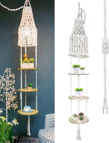 Pantalla de lámpara de macramé y soporte para plantas colgantes para interiores para decoración de dormitorio bohemio, lámpara colgante con cable de