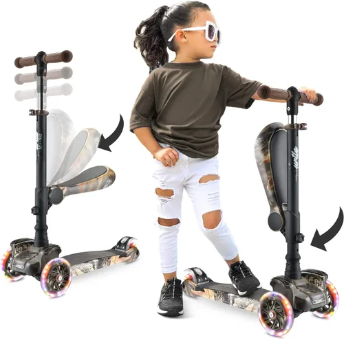 Hurtle Patinete de 3 ruedas para niños, luces LED de ruedas, manubrio ajustable de inclinación para dirigir y asiento plegable, paseo sentado o de