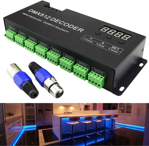 AZIMOM Controlador de decodificador DMX de 24 canales con pantalla digital DC5V-24V 3A/CH Controlador RGB DMX512 tira de luz led decodificador