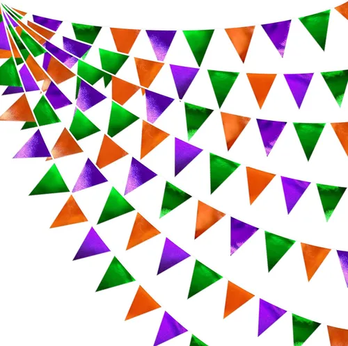 Miniatura 17 de Decoración de fiesta iridiscente de 33 pies, tela holográfica, banderín triangular, banderín de algodón, guirnalda de banderines para cumpleaños