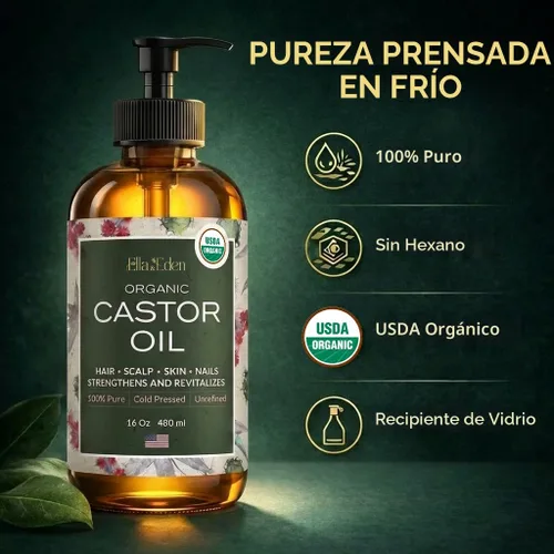 Miniatura 6 de Ella & Eden Aceite de ricino orgánico USDA - Sin hexano prensado en frío - Botella de vidrio - Para el crecimiento del cabello, cara, pestañas