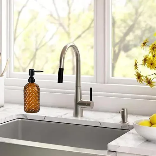 Miniatura 2 de Dispensador de jabón de vidrio de 12 onzas con bomba de acero inoxidable 304 negro a prueba de óxido, dispensador de jabón de vidrio recargable